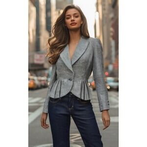 Vintage ICI Bonders Wool Tweed Jacket Peplum Collar Button Gray Size Small EUC